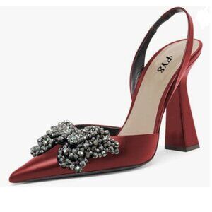FYS Dark Red Slip on Pointed Toe Slingback Sandals Butterfly Crystal Slide Shoe